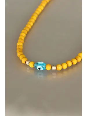 Sarı Renk Tahta Boncuklu Kadın Kolye