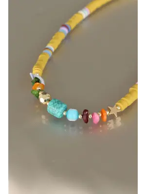 Sarı Renk Tahta Boncuklu Mavi Taşlı Kadın Kolye