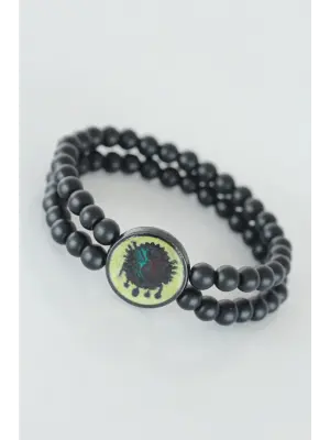 Sarı Renkli Metal Üzerine Osmanlı Arma Figürlü Siyah Renk Çift Sıra Doğal Taş Erkek Bileklik