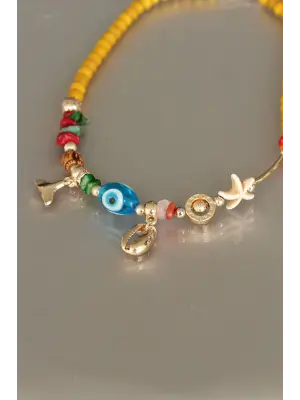 Sarı Tahta Boncuklu Deniz Kabuğu Tasarımlı Kolye