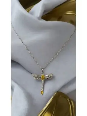 Sarı Taşlı Gümüş Renk Çelik Yusufcuk Kolye