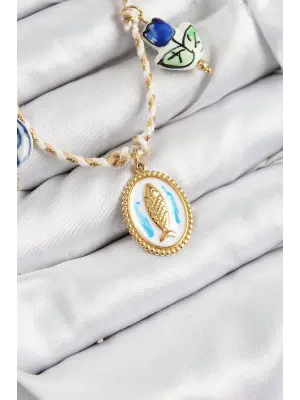 Seramik Motifli Balık Figürlü Model Krem İp Kadın Kolye