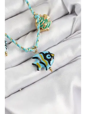 Seramik Motifli Balık Figürlü Model Mavi İp Kadın Kolye