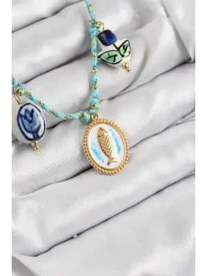 Seramik Motifli Balık Figürlü Model Mavi İp Kadın Kolye