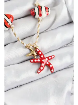 Seramik Motifli Deniz Yıldzı Figürlü Model Krem İp Kadın Kolye