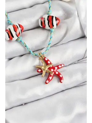 Seramik Motifli Deniz Yıldzı Figürlü Model Mavi İp Kadın Kolye