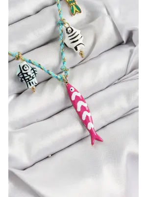 Seramik Motifli Pembe Balık Figürlü Model Mavi İp Kadın Kolye