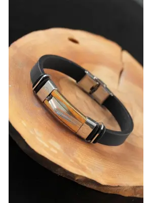 Silver Gold Renk Metal Aksesuarlı Siyah Renk Deri Erkek Bileklik