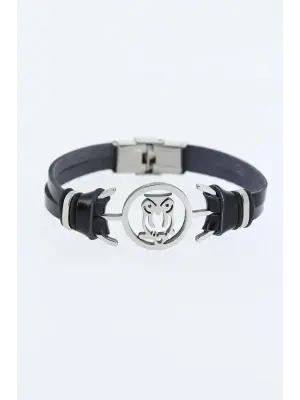 Silver Renk Baykuş Figürlü Metal Aksesuarlı Siyah Renk Deri Erkek Bileklik