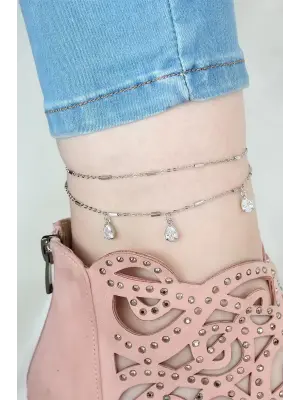 Silver Renk Çift Zincirli Damla Taşlı Hal Hal