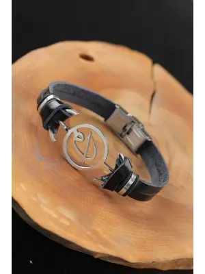 Silver Renk Elif Vav Çelik Aksesuarlı Siyah Renk Deri Erkek Bileklik