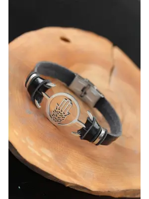 Silver Renk Fatma Ana Eli Metal Aksesuarlı Siyah Renk Deri Erkek Bileklik