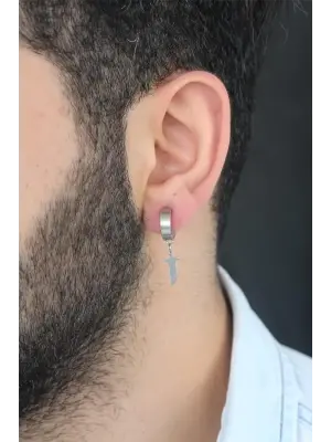 Silver Renk Kaplama Kılıç Figürlü Çelik Kıstırmalı Erkek Küpe