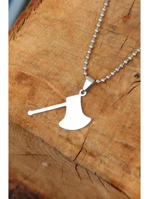 Silver Renk Metal Balta Uçlu Top Zincirli Erkek Kolye