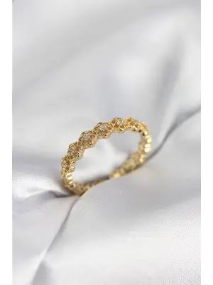 Sıralı Çiçek Model Gold Renk Zirkon Taşlı Kadın Yüzük