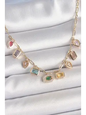 Sıralı Karışık Renk Zirkon Taşlı Gold Pirinç Kolye