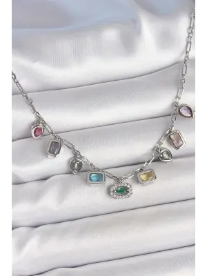 Sıralı Karışık Renk Zirkon Taşlı Gümüş Pirinç Kolye