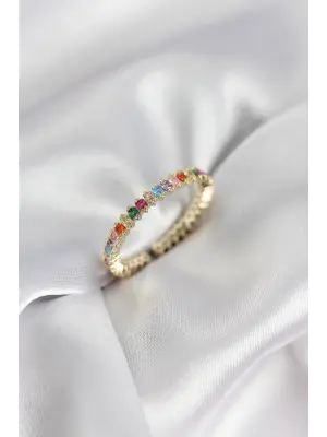 Sıralı Karışık Renkli Gold Renk Zirkon Taşlı Kadın Yüzük