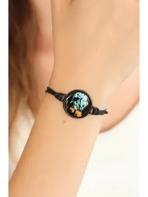 Siyah Ayarlamalı İpli Resimli Bayan Bileklik