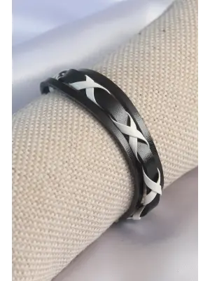 Siyah Beyaz Deri İpli Erkek Bileklik