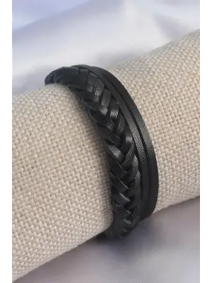 Siyah Burgu Model Deri Erkek Bileklik