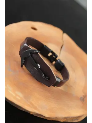Siyah Deniz Çapalı Çelik Aksesuarlı Kahverengi Deri Erkek Bileklik