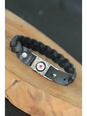 Siyah Deri Gemici Dümeni Aksesuarlı Erkek Bileklik