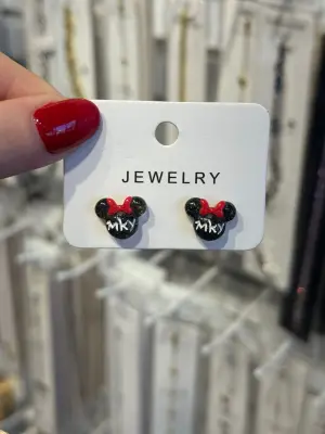 Siyah Fiyonklu Mickey Mouse (Fare) Çizgi Film Karakteri Çelik Çocuk Küpesi