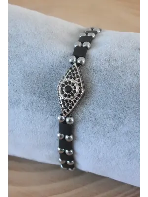 Siyah Gümüş Renk Zirkon Taşlı Makrome Doğal Taş Erkek Bileklik