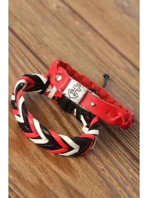 Siyah Kırmızı Renk Deri Erkek Bileklik Kombin