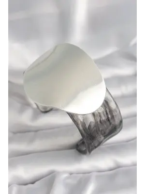 Siyah Mermer Desen Akrilik Pilastik Gümüş Plaka Model Vintage Kadın Bilezik