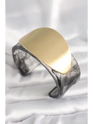 Siyah Mermer Desen Akrilik Plastik Gold Oval Plaka Model Vintage Kadın Bilezik