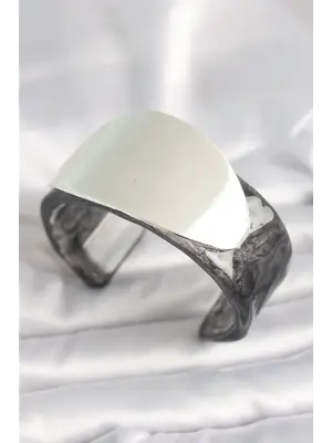 Siyah Mermer Desen Akrilik Plastik Gümüş Oval Plaka Model Vintage Kadın Bilezik