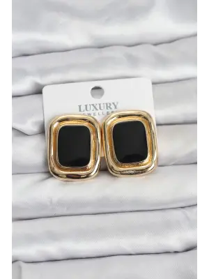 Siyah Mineli Kare Gold Renk Vintage Kadın Küpe