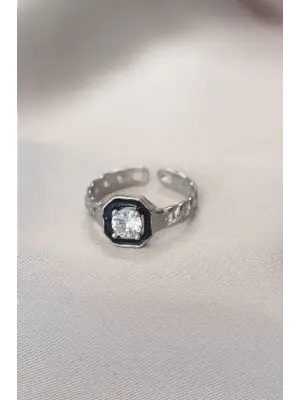 Siyah Mineli Tektaş Zincir Detay Yüzük