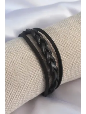 Siyah Ördü Model Deri Erkek Bileklik