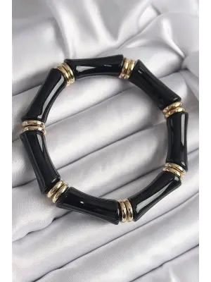 Siyah Renk Akrilik Lastikli Bambu Model Kadın Bileklik