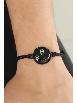 Siyah Renk Deri Ayarlamlı İpli Ya Ali Erkek Bileklik