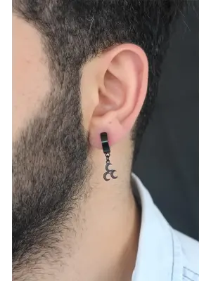 Siyah Renk Kaplama 3 Hilal Figürlü Çelik Kıstırmalı Erkek Küpe