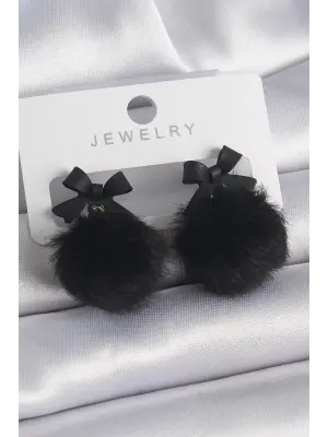 Siyah Renk Kurdele Ponpon Model Çelik Küpe