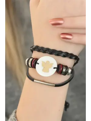 Siyah Renk Melekli Tasarım Çoklu Deri Bayan Bileklik