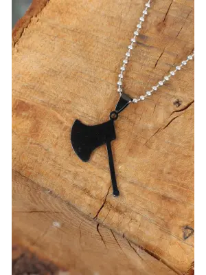 Siyah Renk Metal Balta Uçlu Top Zincirli Erkek Kolye