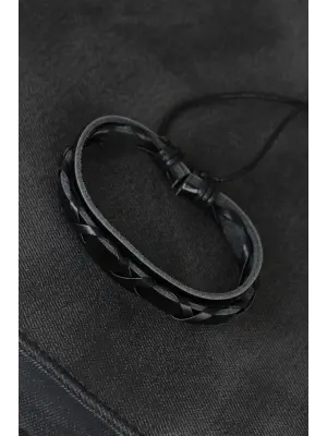 Siyah Renk Örgü Deri Erkek Bileklik