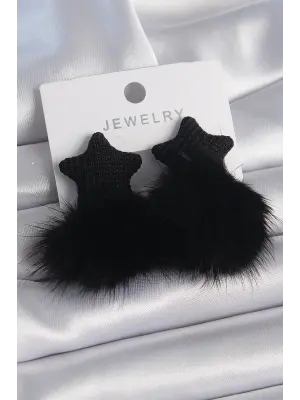 Siyah Renk Tüylü Yıldız Ponpon Model Çelik Küpe