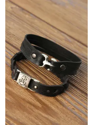 Siyah Renkli Deri Erkek Bileklik Kombin