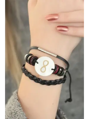 Siyah Renkli Sonsuzluk Tasarım Çoklu Deri Bayan Bileklik