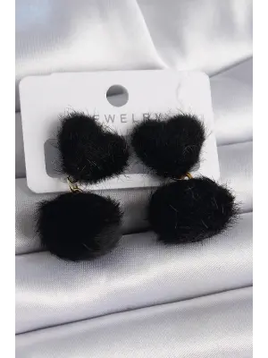 Siyah Tüylü Ponpon Model Çelik Küpe