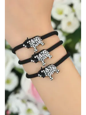 Siyah  Zirkon Taşlı Fil Aksesuarlı Metal Bayan Bileklik