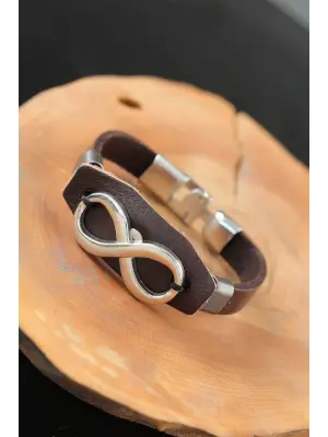Sonsuzluklu Metal Aksesuarlı Kahverengi Deri Erkek Bileklik