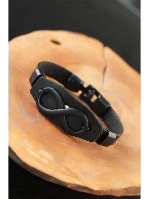 Sonsuzluklu Metal Aksesuarlı Siyah Deri Erkek Bileklik
